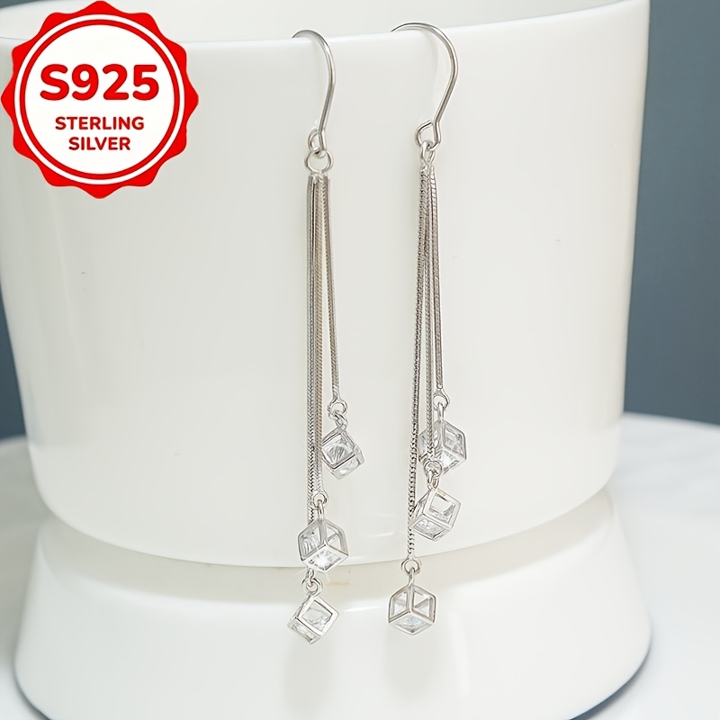 2pcs Women's S925 Pure Silver Square Drop Earrings Set